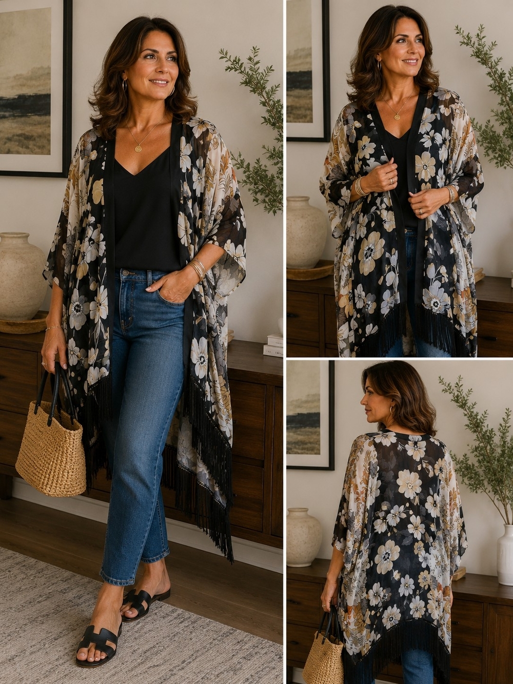 Floral Fringe Kimono Cardigan - Black/Cream